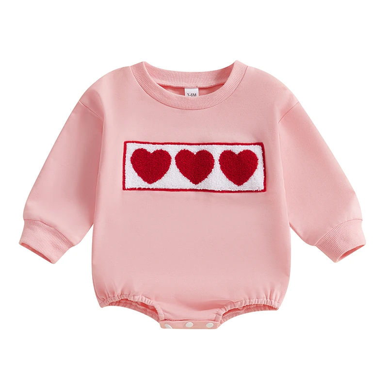 Baby Girl Valentine’s Day Romper Long Sleeve Round Neck Heart Embroidery Bodysuit Cute Outfit