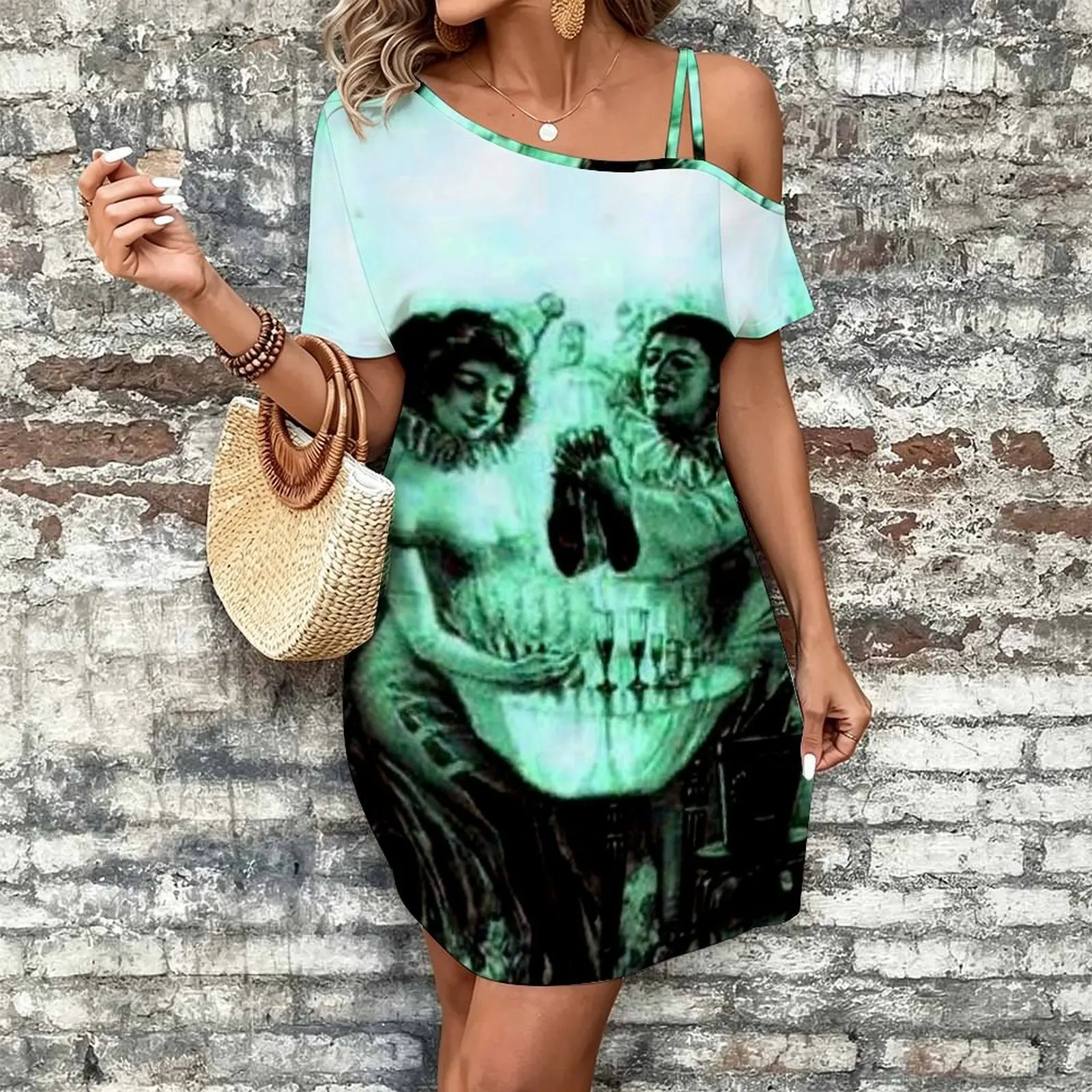 Skull optical illusion by Salvador Dali - Now step away from the compu Women's Slanted Shoulder Single Strap Short-Sleeved Dress