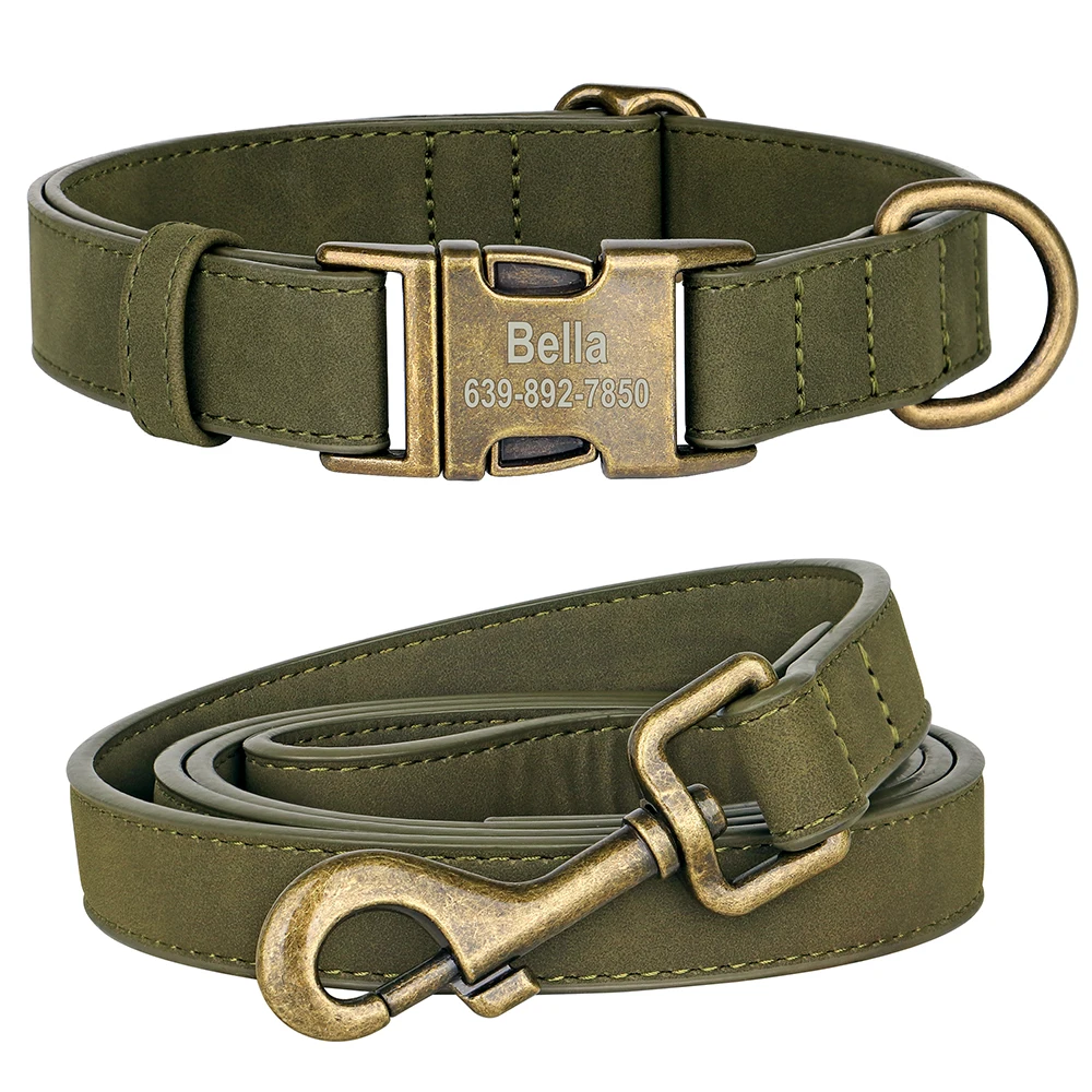 Personalized PU Leather Dog Collar Leash Set Custom Anti-lost Dog Collars With Free Engraved Metal Buckle For Small Medium Dogs_voghion.com