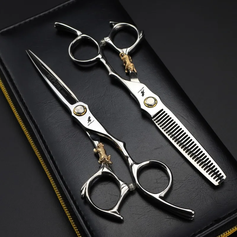 NEPURLson JP440C 6.0inch bearing screw with small golden tiger handle hair scissors, right-hand design, sharp and durable
