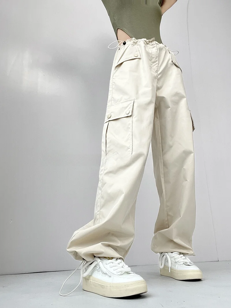 Sexy Cool Low Waist Side Drawstring Cargo Pants Women's Summer Loose Paper Bag Pants Pink Cuffed Wide Leg Pants