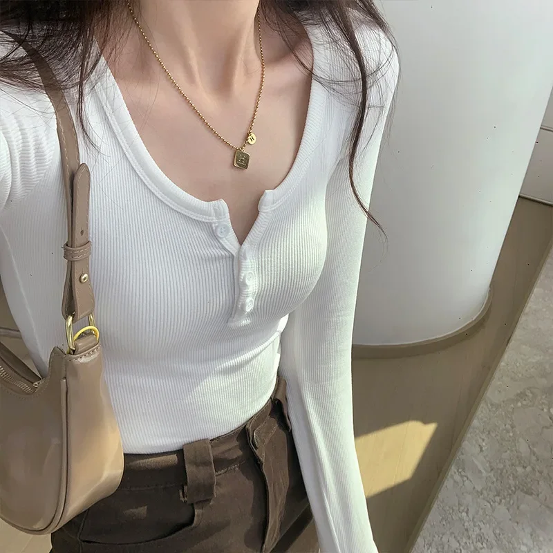 

Fashionable High Elasticity Ribbed Button-up T-shirt Autumn 2024 New Long Sleeve Top for Women