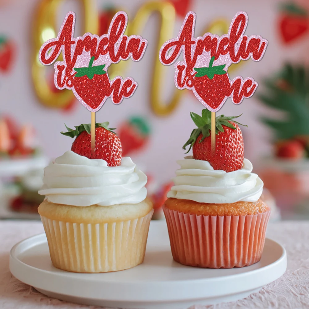 20pcs Strawberry Glitter Birthday Cake Toppers, Sparkly Strawberry Theme Photo Face Cake Flags, Shiny Glitter Paper Birthday Par