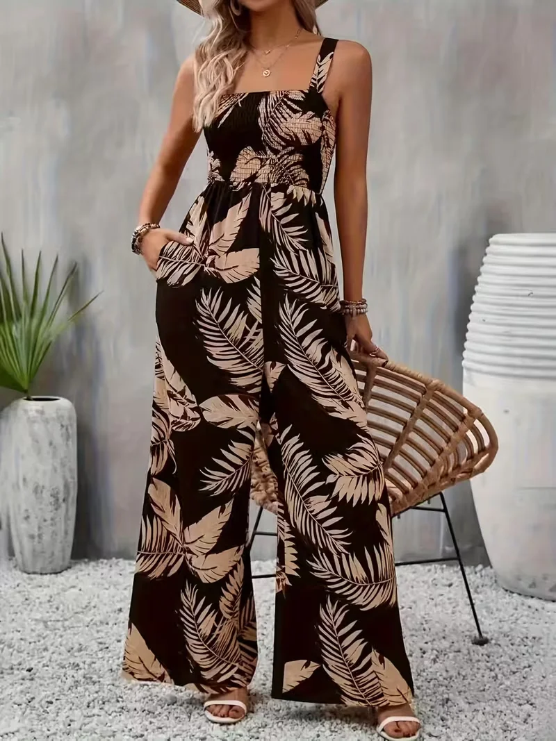 Leisure vacation European and American tropical style leaf print strapless jumpsuit