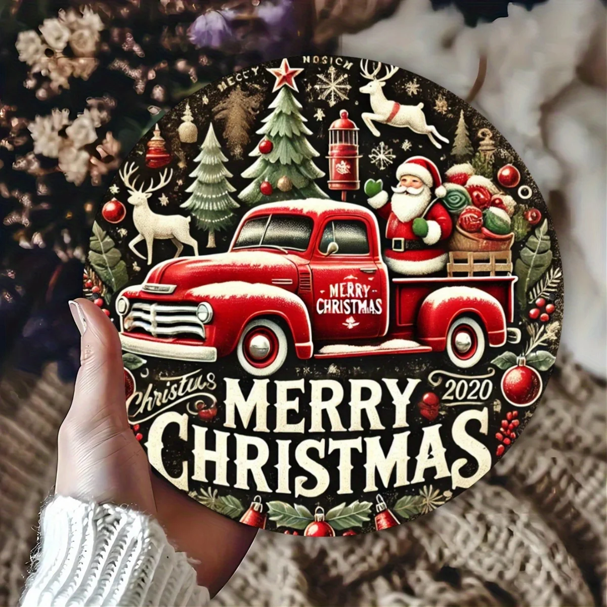 1 Stück, rustikales Weihnachtsmann-Rentier-Rot-LKW-Design, Metallschild mit flachem Druck, 20,3 x 20,3 cm runde Blech-Wandkunst, festliche Feiertagsdekoration für
