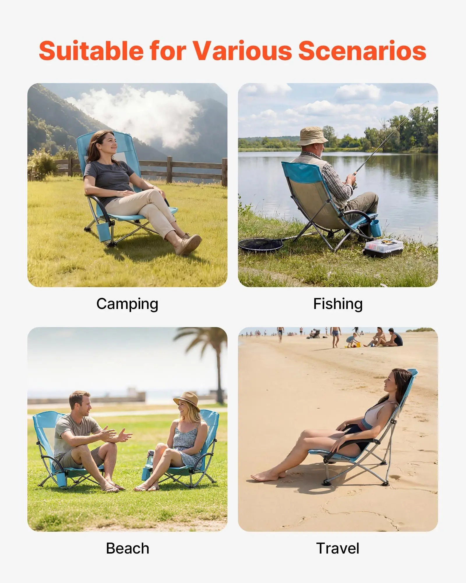 Folding Beach Chair, High Back Camping Chairs for Adults, with Cup Pocket, Mesh Back, Carry Bag, Portable Extra Wide Seat Chair 330 lbs Heavy Duty Support, for Outdoor, Camp, Light Blue