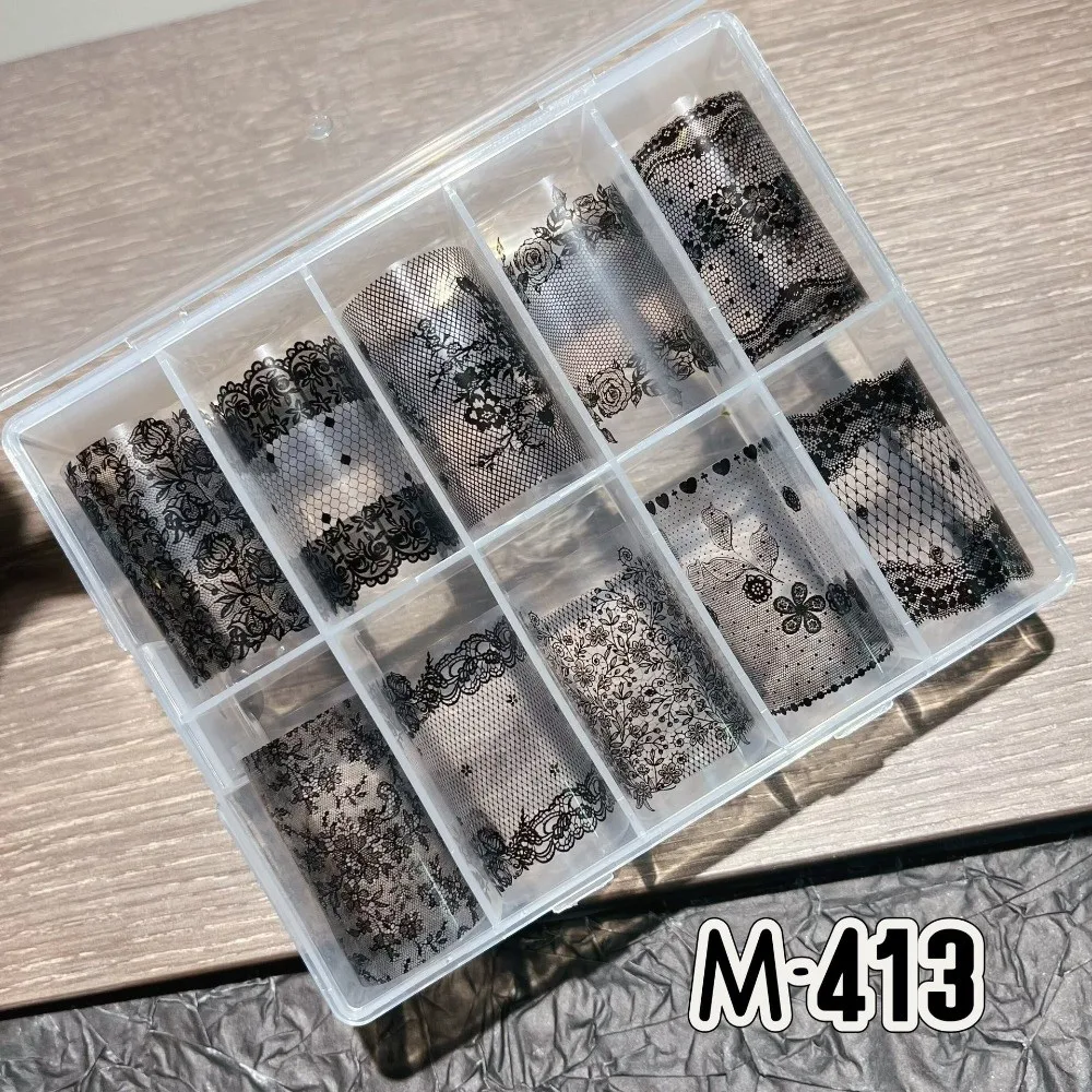 Modische Nagelfolien mit Spitzendesign, schwarz-weißes Tulpenmuster, Nagelaufkleber, Pailletten-Effekt, Nageldekorationen, Maniküre, DIY