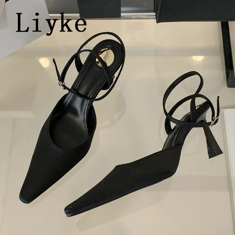 Liyke Summer Fashion Ankle Buckle Strap Sandal Women Pumps Elegant Pointed Toe Stiletto High Heels Mules Lady Party Dress Shoes