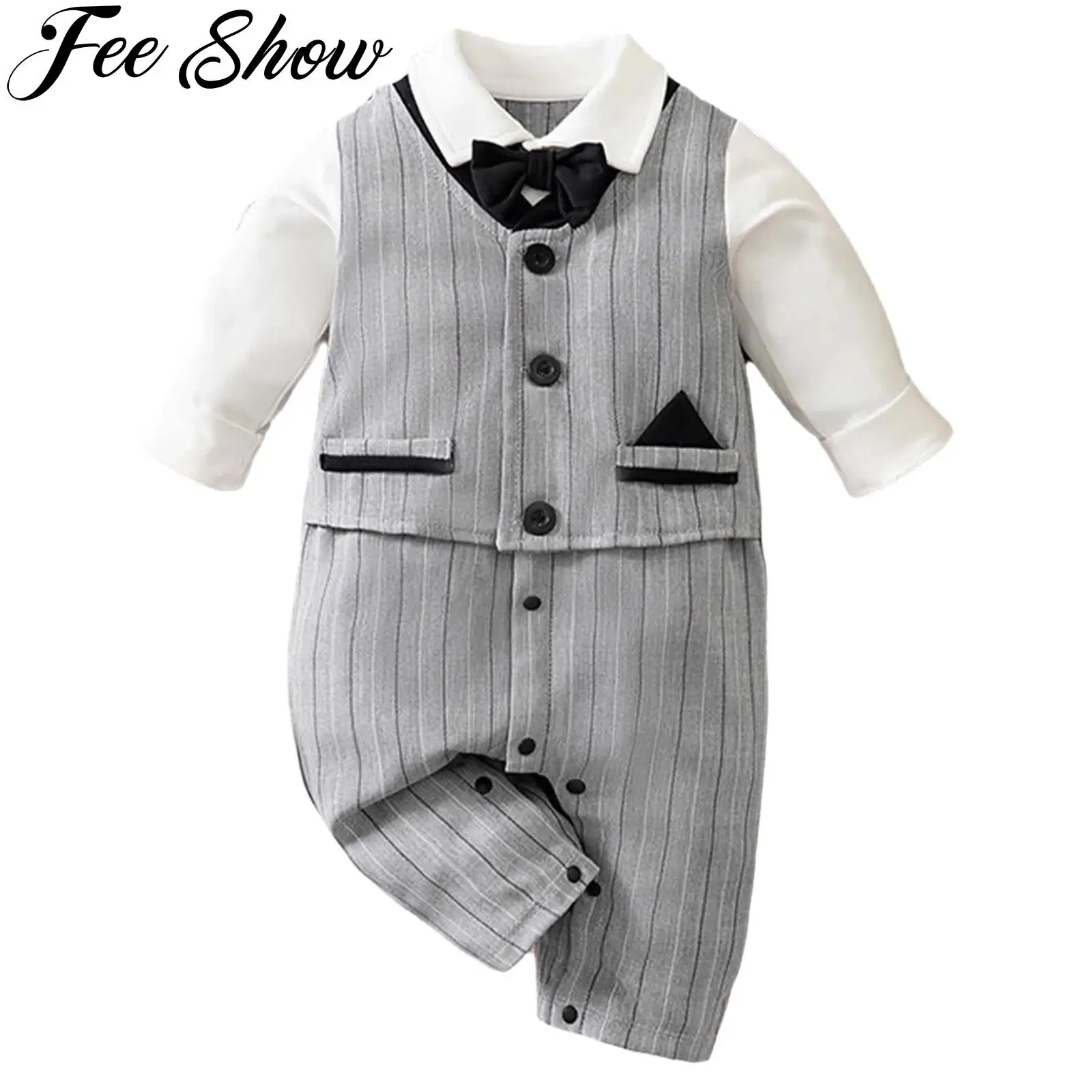 

Infant Baby Boys Gentleman Suit Rompers Long Sleeve Bowtie Striped Jumpsuit Kids Clothes Wedding Birthday Party Baptism Outfit
