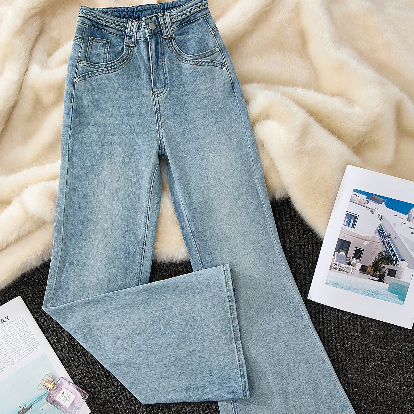 

Модные синие джинсовые брюки с высокой талией для женщин, весенне-осенние свободные женские расклешенные брюки, повседневные потертые брюки полной длины