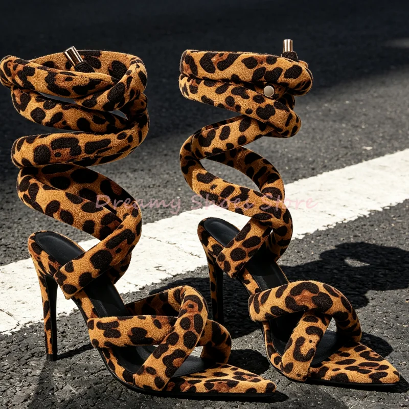 Leopard Print Suede Cross Strap Thin Heel Sandals Women Patchwork Rivet Open Toe High Heels Fashion Trendy Vacation Casual Shoes