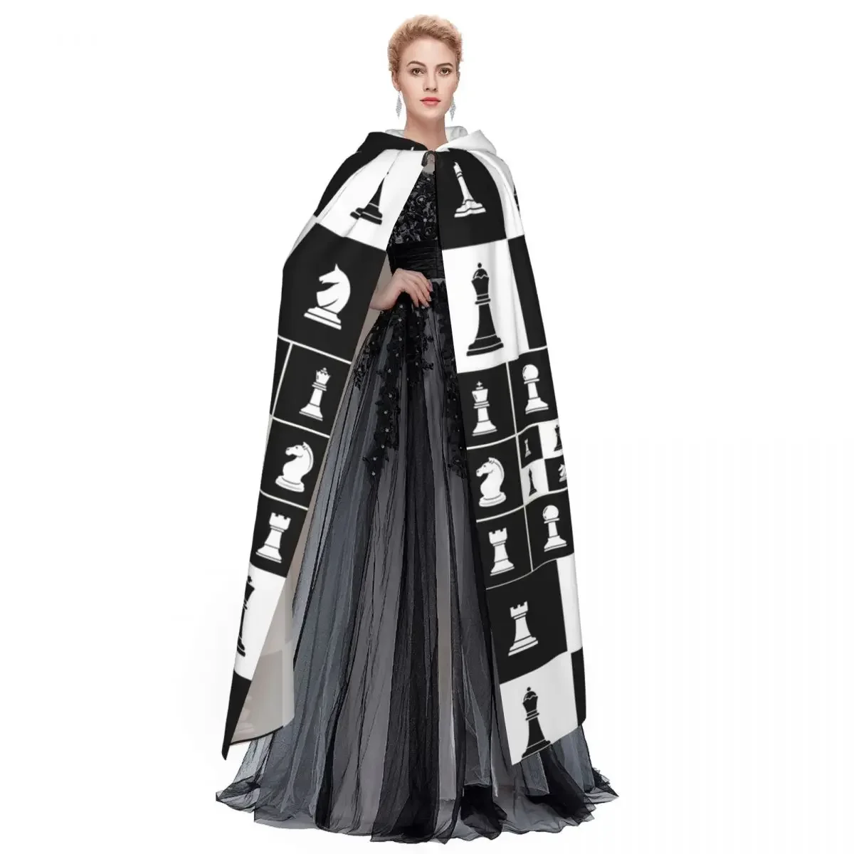Custom Chess Pieces On Board Chessboard Long Hooded Cloak Witch Medieval Costume Cosplay Cape HalloweenParty Adult Unisex