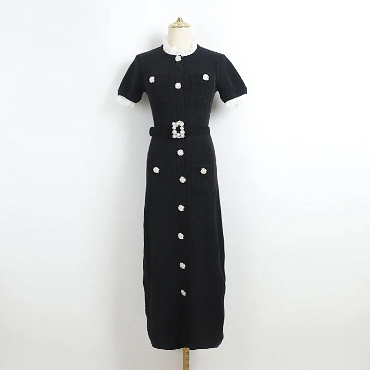 

Autumn/Winter New Belted Knitted Dress with Lace Spliced Collar and Cuffs, Slim-Fit Long-Sleeve Maxi Dress