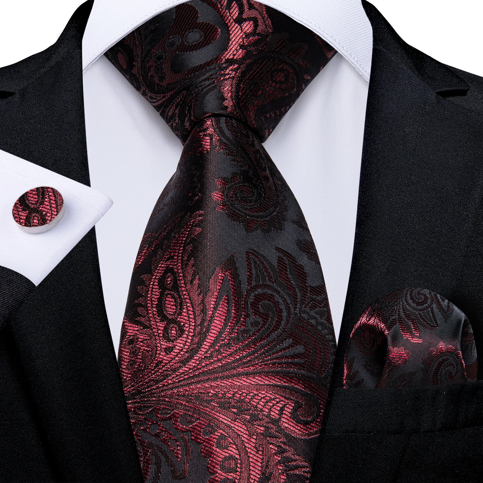 

luxury Red Paisley Silk Ties for Men 8cm Wedding Business Formal Necktie Handkerchief Cufflinks Accessories Gift DiBanGu