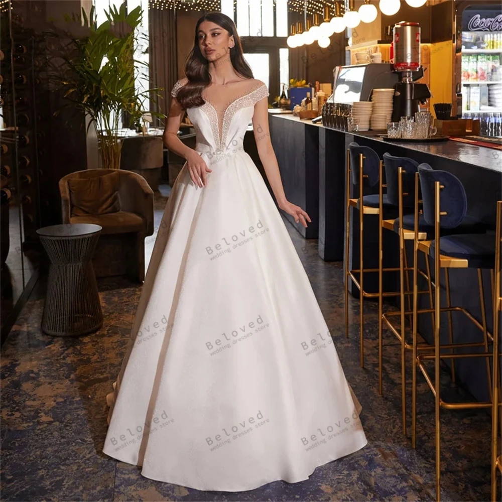 

Classic Wedding Dresses For Women A-Line Bridal Gowns Sequin Appliques Satin Charming Robes For Celebrity Vestidos De Novia 2024