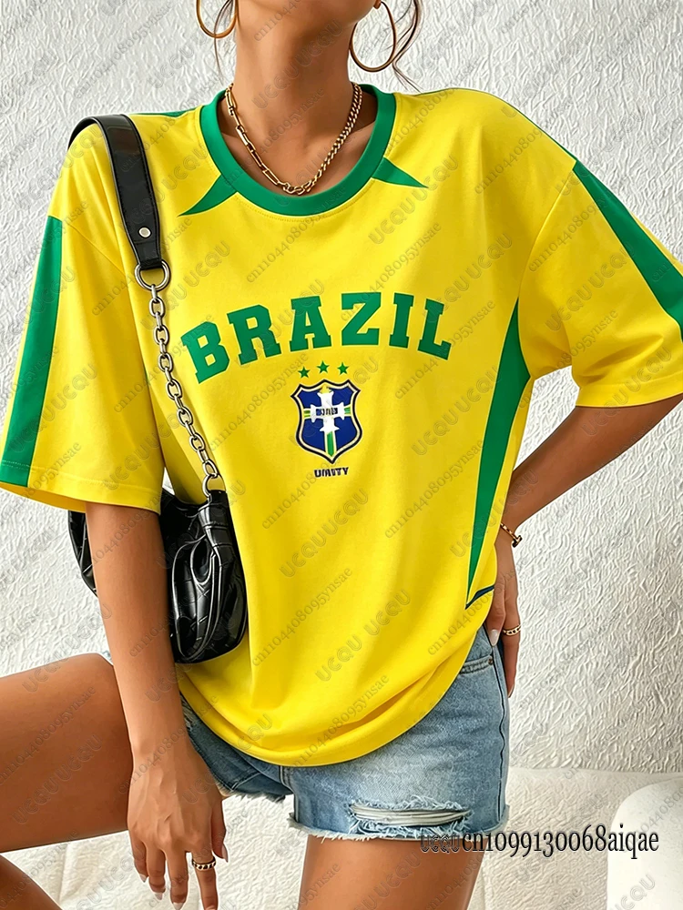 2026 Summer New Brazil Tshirt For Women O-Neck Patchwork Short Sleeve Oversized Streetwear Sports Football Jersey Y2K Loose Tops