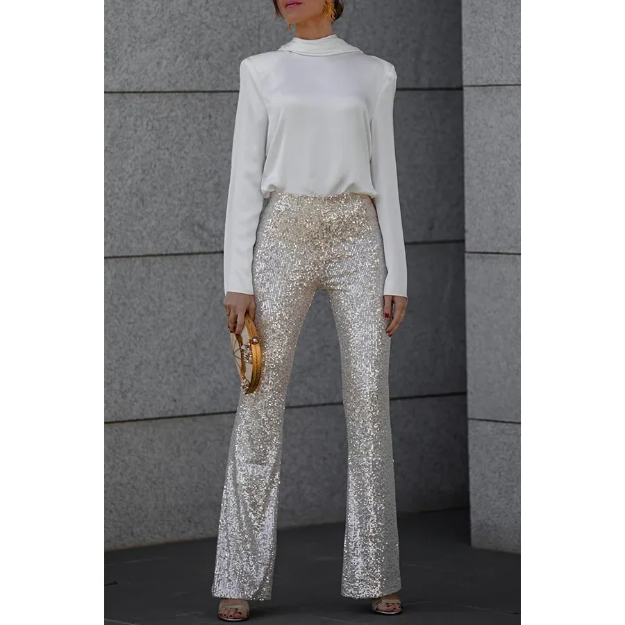BWQ 2026 Elegant Women Sequins Flare Pants Sexy Night Clubwear Chic Solid Color High Waist Stretch Straight Trousers Streetwear