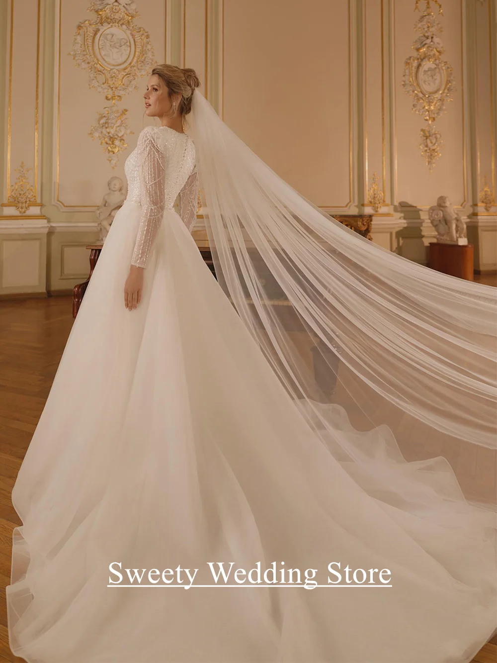 فساتين زفاف سعودية ذيل قابل للانفصال مخصص رقبة مستديرة وأكمام طويلة مطرز بالخرز سويب تراين حورية البحر فستان زفاف