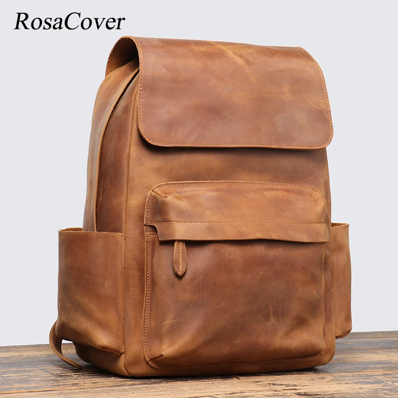 Vintage Leather Men's Backpack Large Capacity 15.6 Inch Laptop Bag Crazy Horse Leather Retro Travel School Backpack Mochilas