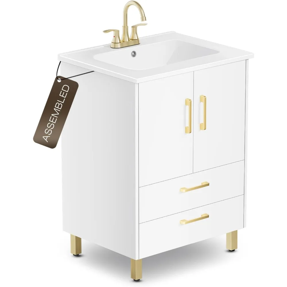 Fully Pre-Assembled 24 inch Single White Bathroom Vanity with Ceramic Sink Combo, 2 Soft Close Doors and 2 Drawer Bathroom Stor