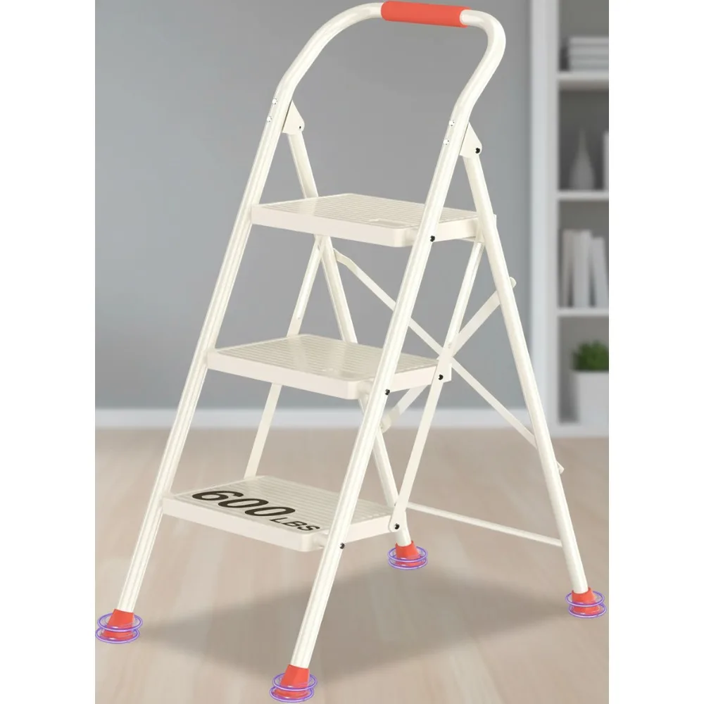 سلم قابل للطي بوزن 600 رطل شديد التحمل مع درابزين - مقعد طويل ممتد بثلاث خطوات للبالغين في المطبخ المنزلي
