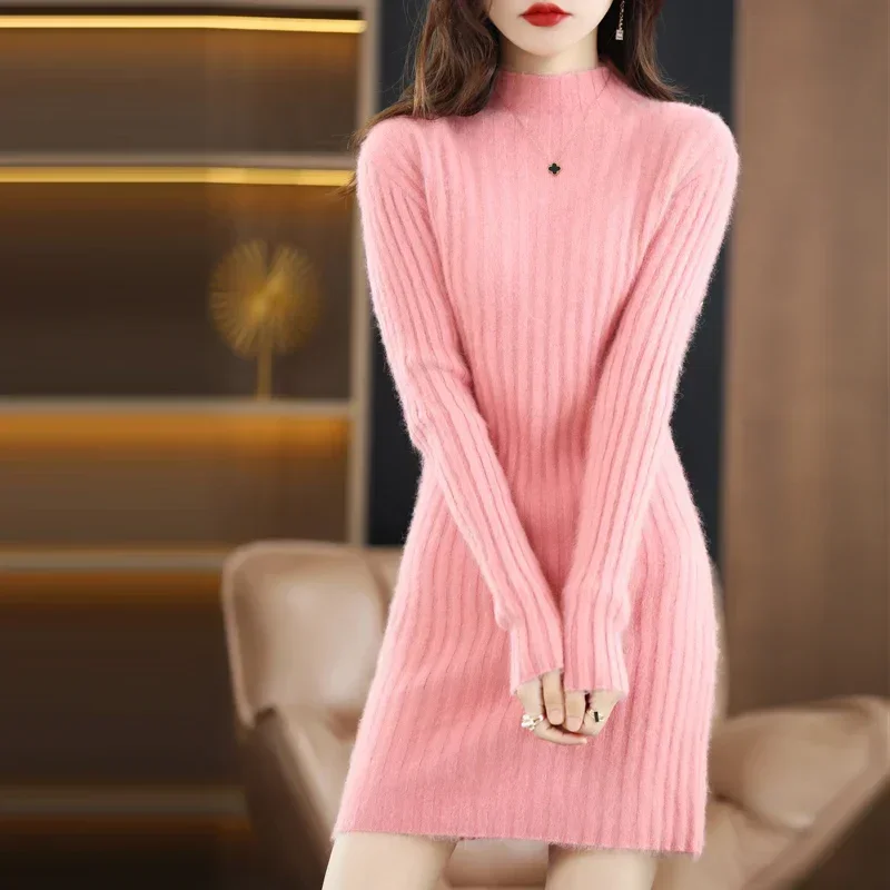 

New Fashion Autumn Long Women's Sweater Mink Cashmere High Neck Knitted Pullovers Korean Jumpers Soft Female Tops 2024-RFRE