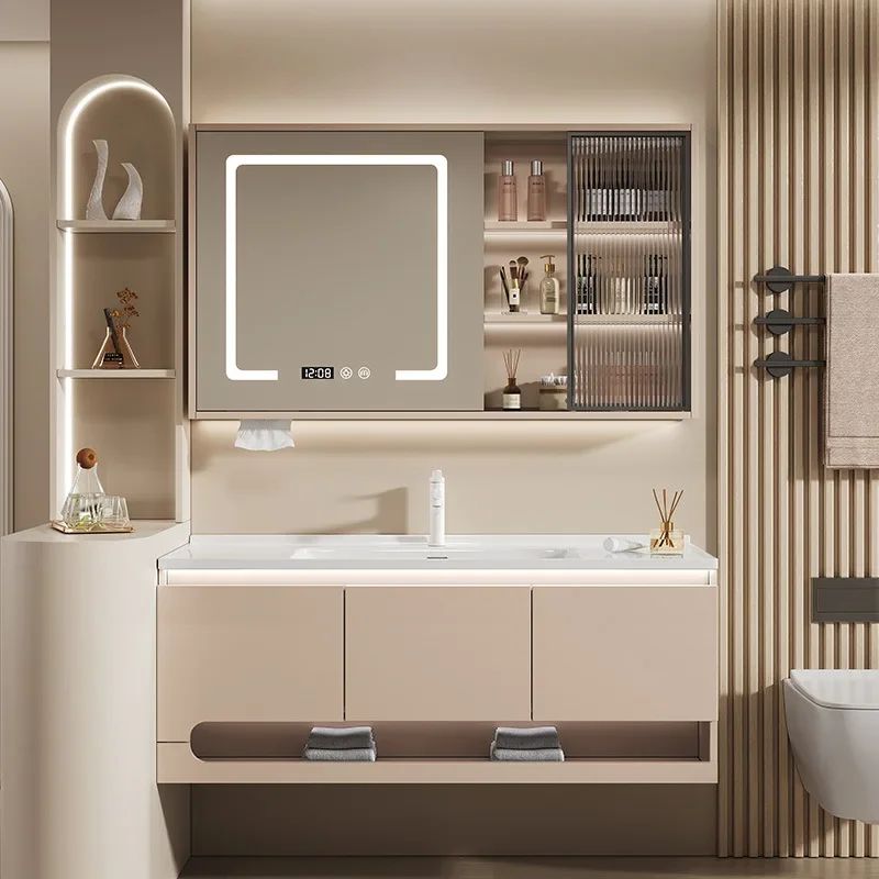 

Modern Bathroom Cabinets Vanity with LED Light Ceramic Integrated Sink Washbasin Storage Smart Mirror Cabinet Bathroom Furniture