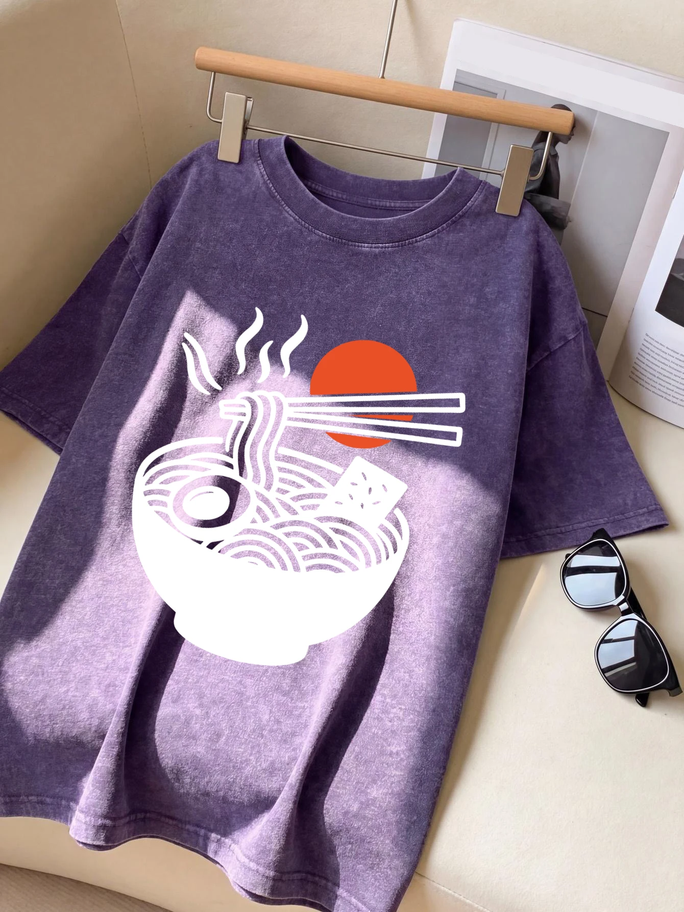 Steaming Lamian Noodles Design Retro T-Shirt Men Fashion Cotton Tee Sportwear O-Neck Clothing Washed Unisex Street T-Shirts