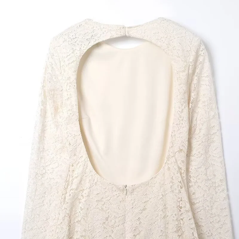 2025 가을 신상품 여성 캐주얼 패션 슬림핏 긴팔 섹시한 백리스 레이스 미니 드레스