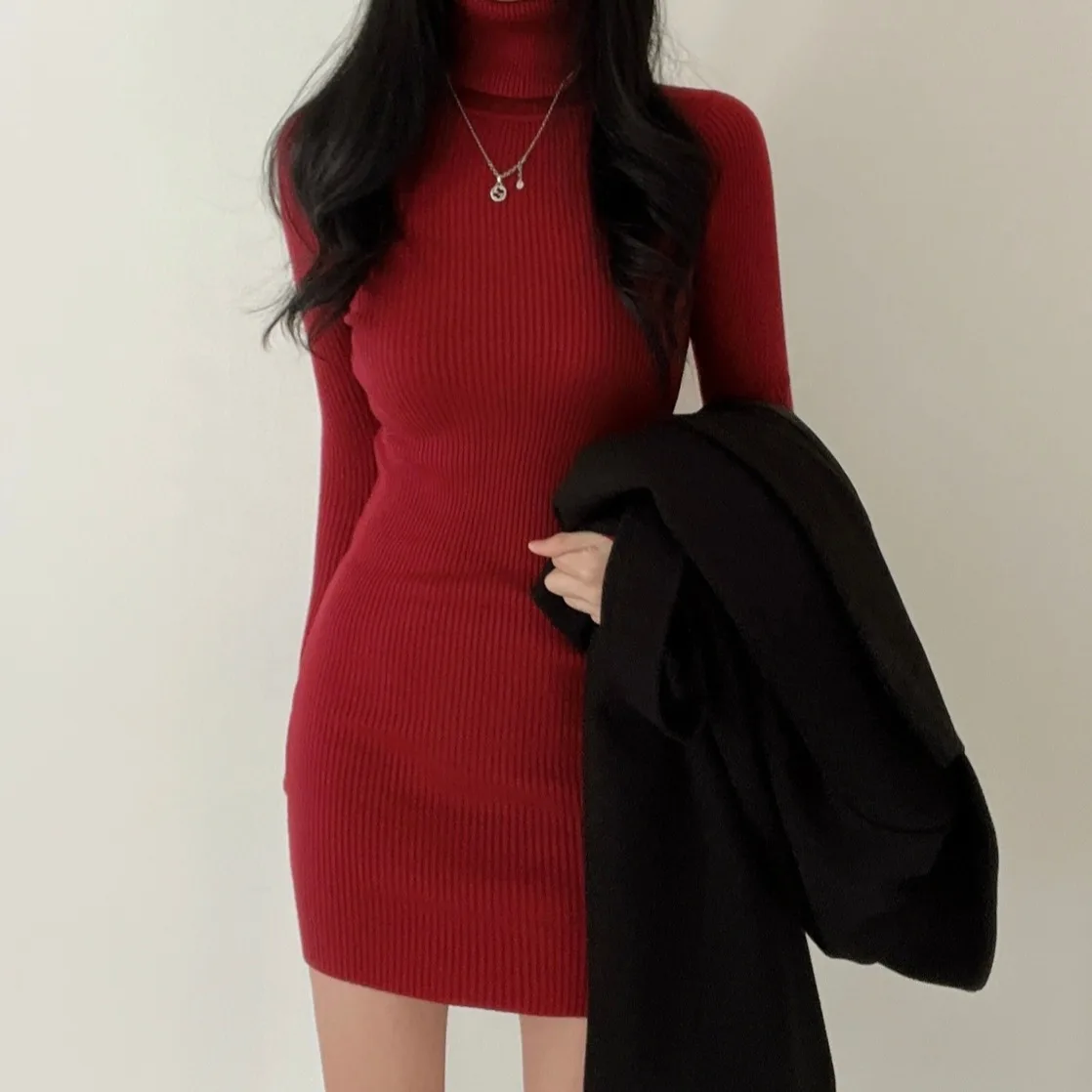 Women's Knitted High Collar Slim Fit Dr Chic Autumn Winter Versatile Base Layer Simple Elegance Body a Wrap around S...