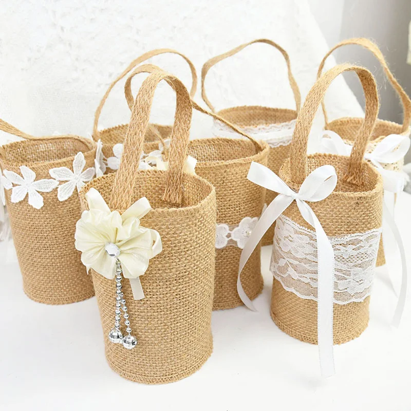 Nordic Burlap Basket Bag Romantic Wedding Linen Handle Vintage Rustic Ceremony Flower Basket DIY Bag Stage Photography Prop