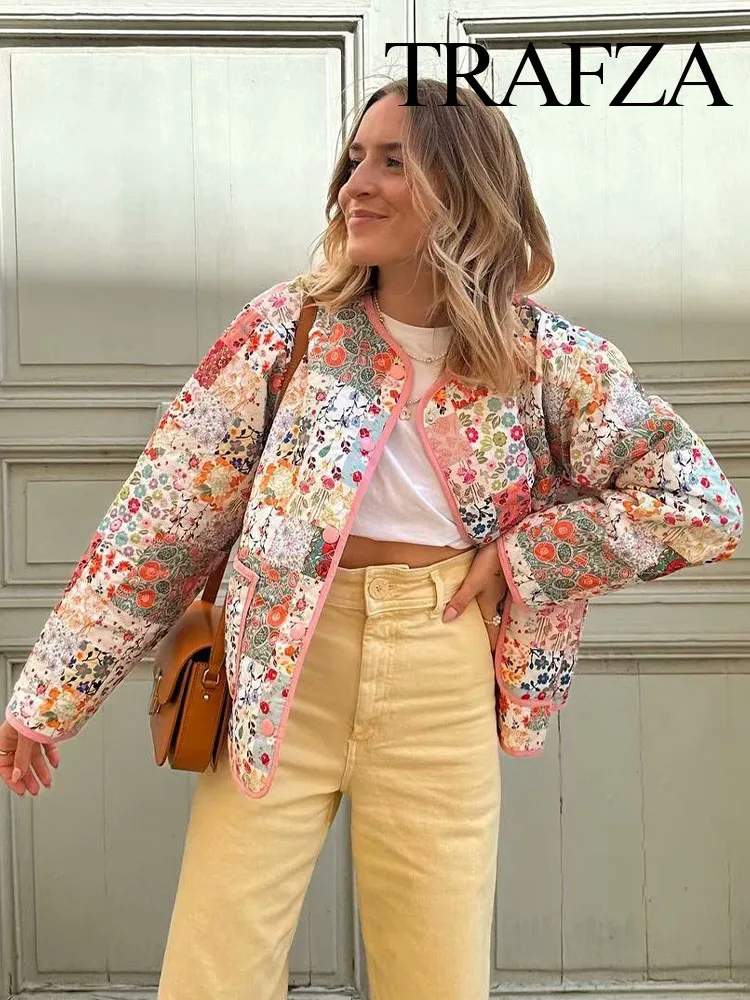 TRAFZA Autumn Women Fashion Floral Print Quilted Jacket O Neck Long Sleeve Female Chic Casual Loose Outerwear Streetwear Mujer
