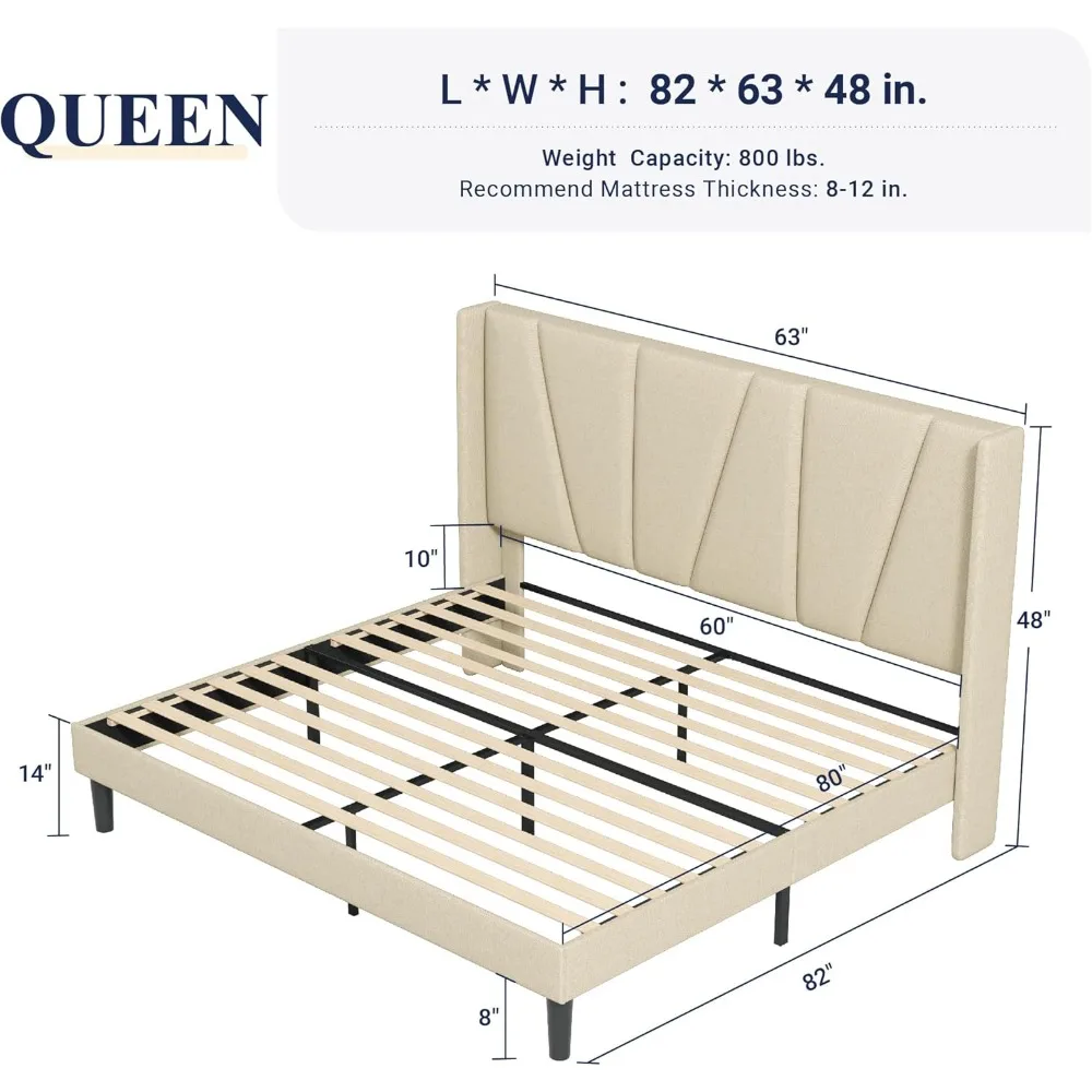 Queen Size Platform Bed Frame with Geometric Wingback Headboard, Modern Upholstered Bed with Wooden Slats Support，Beige