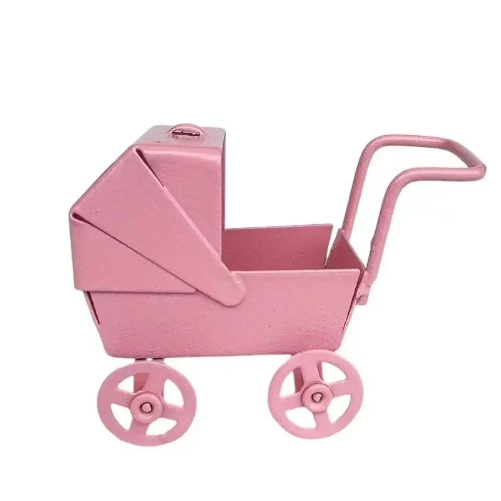 Realistic 1:12 Dollhouse Miniatures Wrought Iron Wheels Can Turn Baby Stroller Model Mini Size Ornaments Pram DIY Gifts