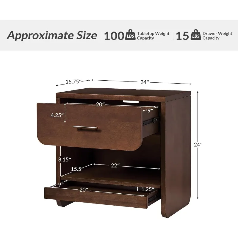 Walnut Nightstand Set of 2 with Charging Station and Hidden Drawer, Bedside Table with Open Storage Shelf, Modern Wo