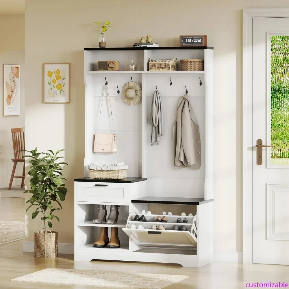 

Современная деревянная вешалка для прихожей со скамейкой и местом для хранения обуви, вешалка для одежды с 7 крючками для входной двери (черная деревянная отделка)