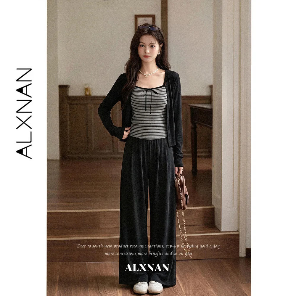 ALXNAN 2026 Women's Black Pants Autumn Elastic High Waist Side Pockets Drape Wide-leg Loose-fit Casual Female Trousers L676118A