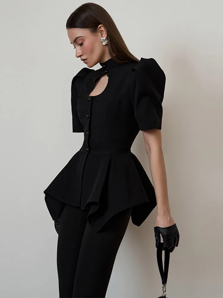 Elegant Women‘s Blazer Top Hollow Out Single Breasted Stand Collar Ruffles Short Sleeve Jacket 2026 Summer Outwear Lady New