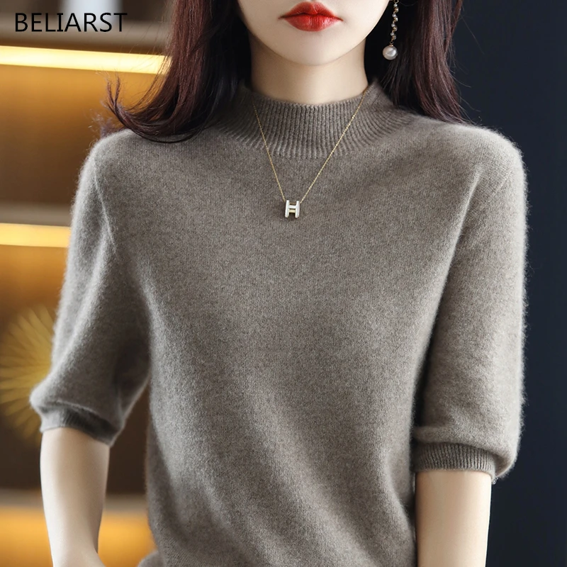 Women\'s T-shirt 100% Wool Sweater Women\'s Half High Neck Knitted Pullover 5/4 Sleeve Tops Solid Color fFashion Casual