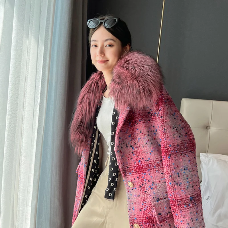 2024 New Women famous real raccoon Fur coats outerwear luxury real Woolen plaid jackets