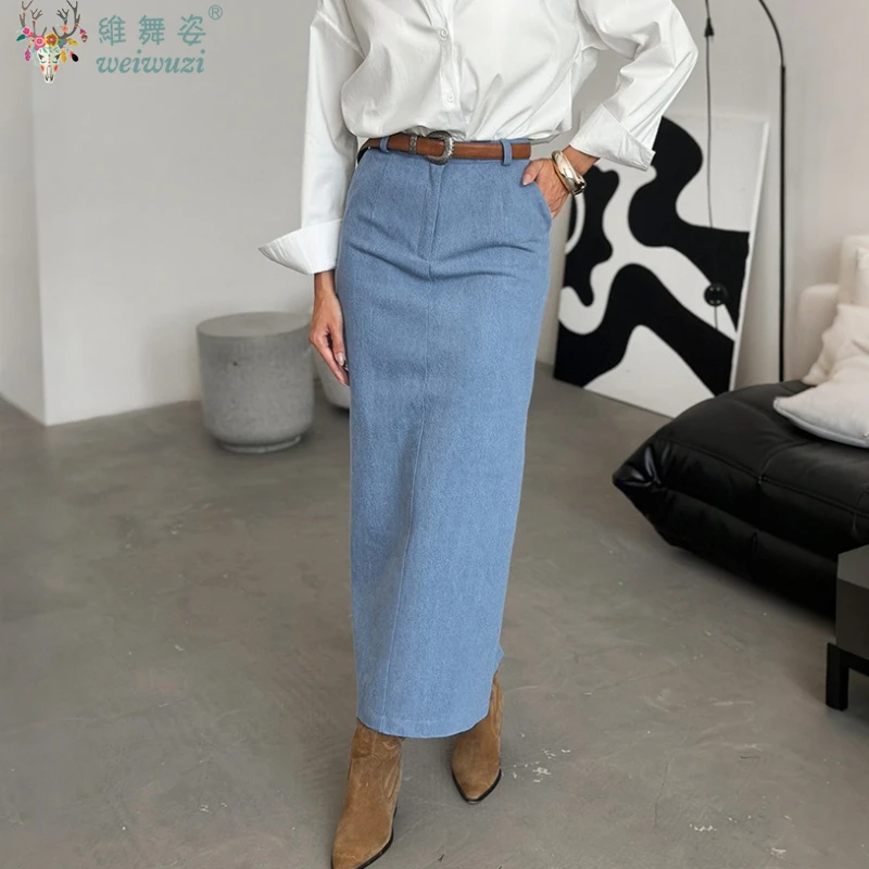 

France Women Sexy Slim-Fit Denim Midi Skirt Rear Slit Denim Ankle-Length Skirt Casual Fashion Outdoor Woman Clothing All Season