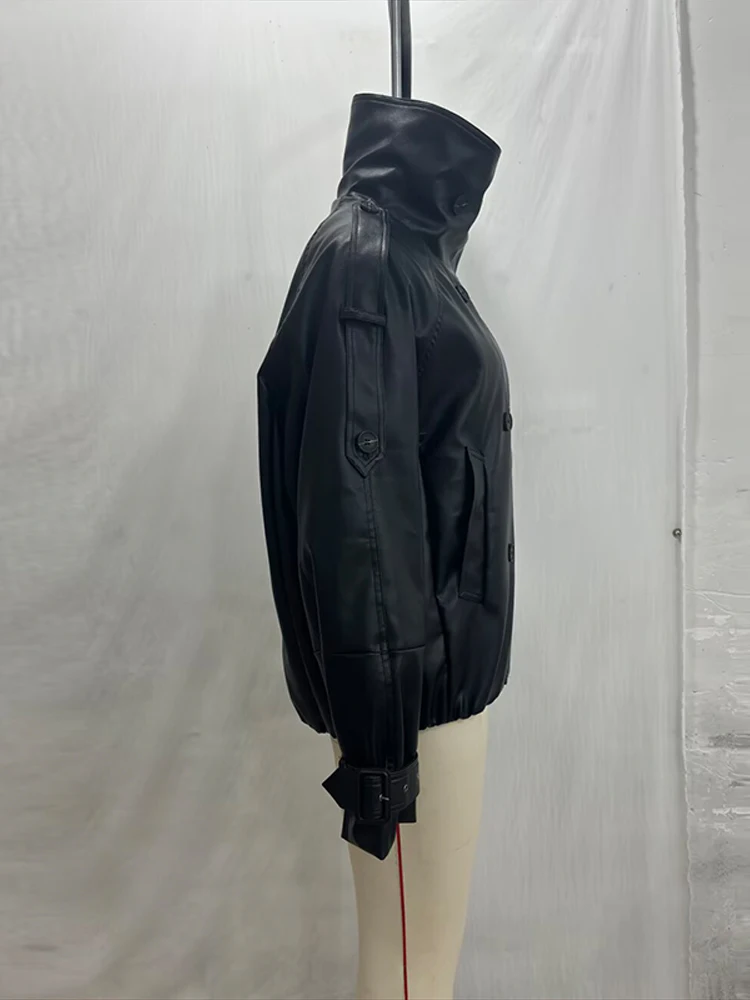 Damen Kunstlederjacken mit Stehkragen, Epauletten, Doppelreihig, Lange Ärmel, Oversize-Mäntel, Schicke Damen-Oberbekleidung in Unifarben – Detail 4