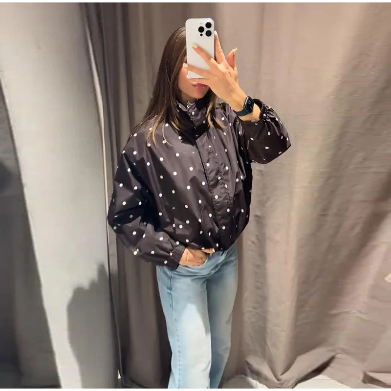 Damen Oversize-Mäntel mit Polka-Dot-Muster, Stehkragen, Langarm, Reißverschluss, Bomberjacken, Herbst, Damen, geraffte, lockere Jacke, neue Oberbekleidung – Detail 7