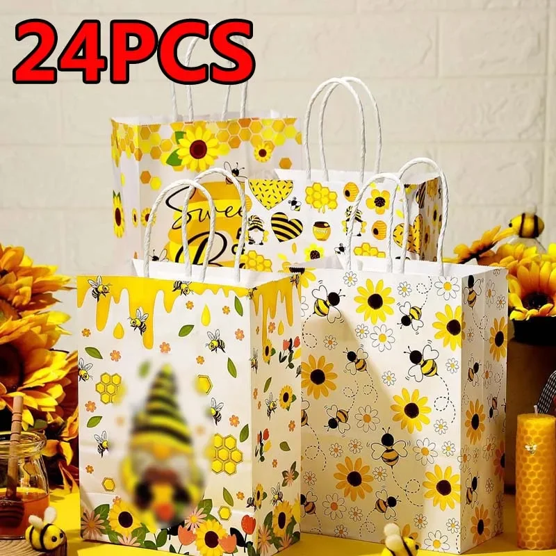 24PCS/set Honey Bee Gift Packaging Bags with Handle Kraft Paper Wrapping Bag for Baby Shower Kids Birthday Party Supplies