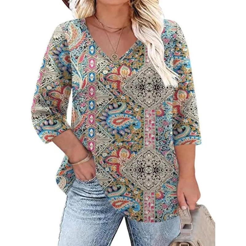 Camiseta de talla grande 1XL-5XL para mujer, blusas informales de manga larga con cuello en V y estampado bohemio de otoño