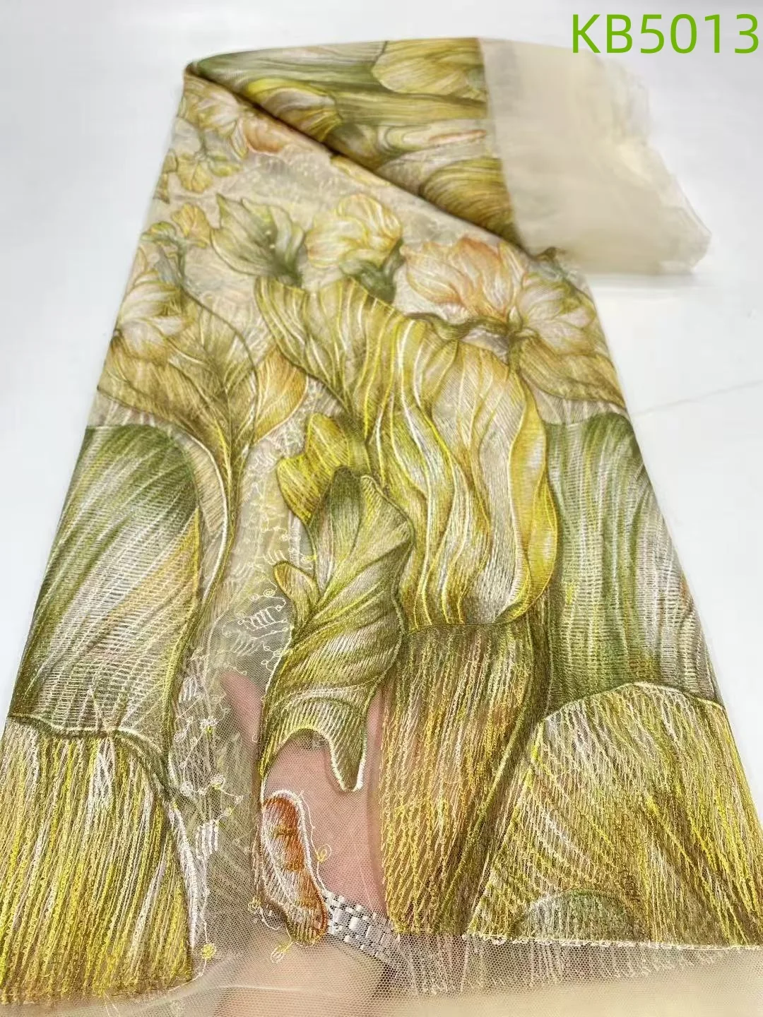 قماش دانتيل أفريقي 5 ياردات جودة عالية 2025 شبكة نيجيرية فرنسية مع ترتر أقمشة دانتيل مطرزة خضراء للخياطة KB5013 #2