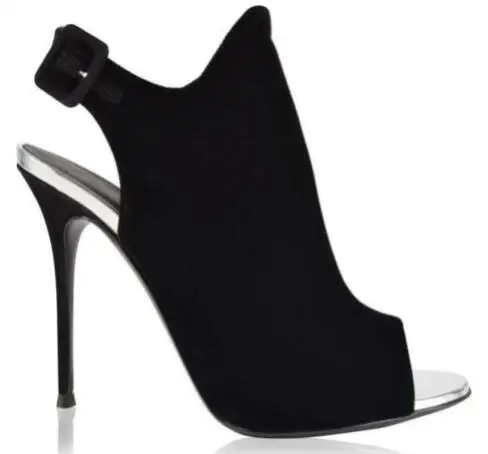 New Lady Black Suede Peep Toe Buckle Decor Thin Heels Slingback Ankle Boots Women Fashion High Heel Short Boots Drop Shipping