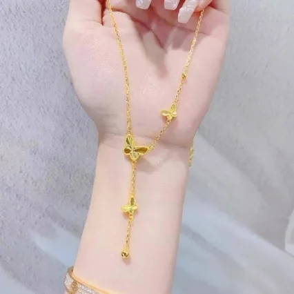 AU999 pure gold tassel butterfly necklace female new 24K clavicle chain fashionable and simple real gold jewelry for girlfriend