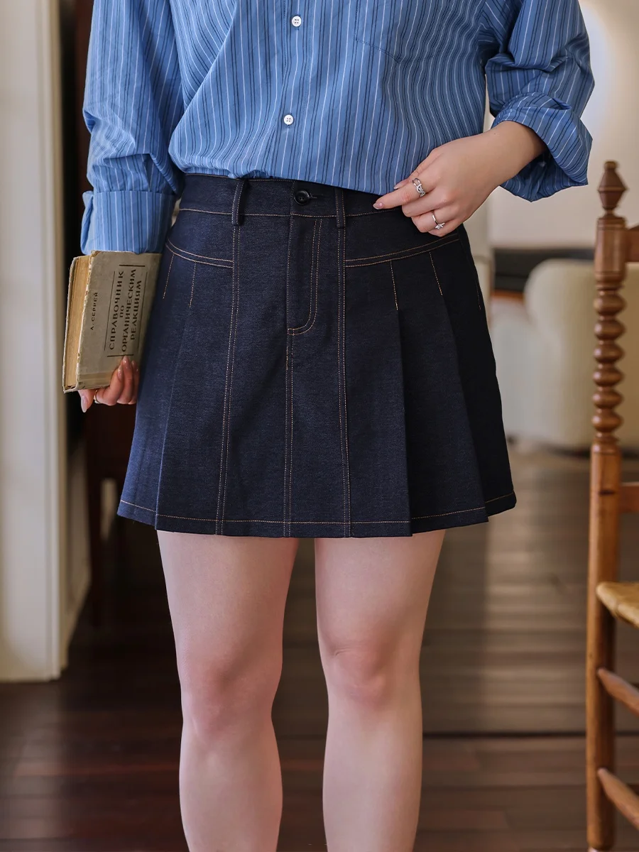 

Женская плиссированная юбка А-силуэта больших размеров с высокой талией из искусственного денима, весенняя мода для полных женщин, повседневная, для работы, из полиэстера