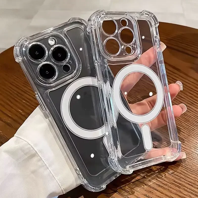 

Luxury Transparent Magnetic Case For iPhone 16 15 14 13 12 11 Pro Max Plus For Magsafe Wireless Charge Shockproof Bumper Cover